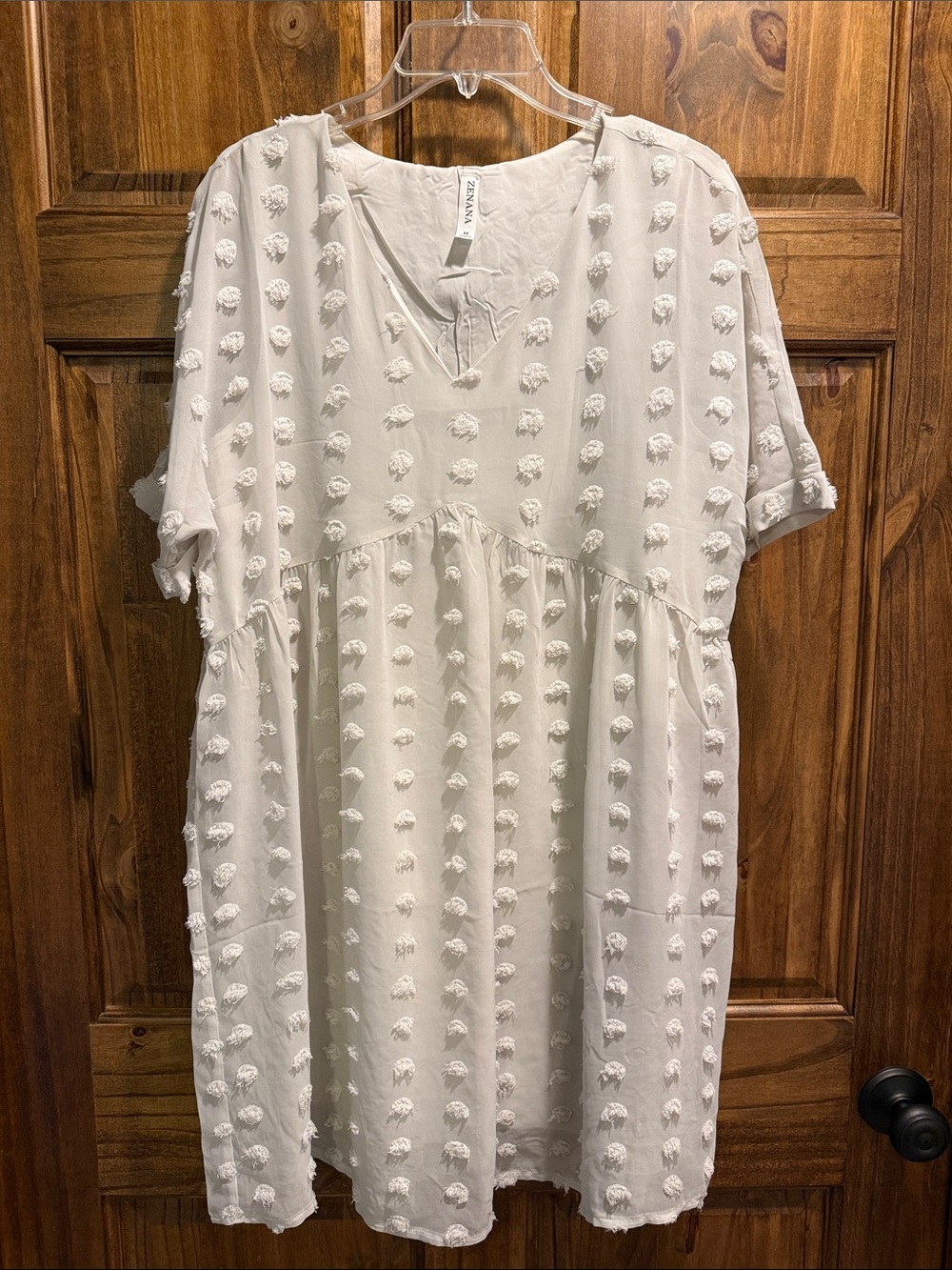 Zenana Off White V- Neck Dress With Pom Pom detail.